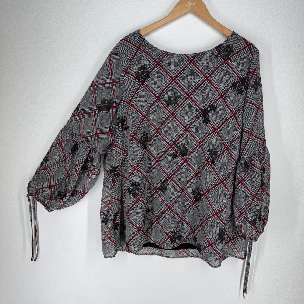 Plaid Chiffon Floral Balloon Sleeve Top Plus 2x Tie Cuff Office Party Oversized